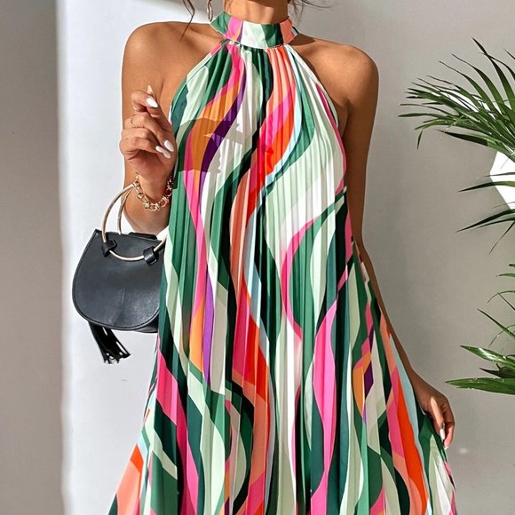. Dresses & Skirts - Multicolor Preppy Womens Allover Print Pleated Halter Dress